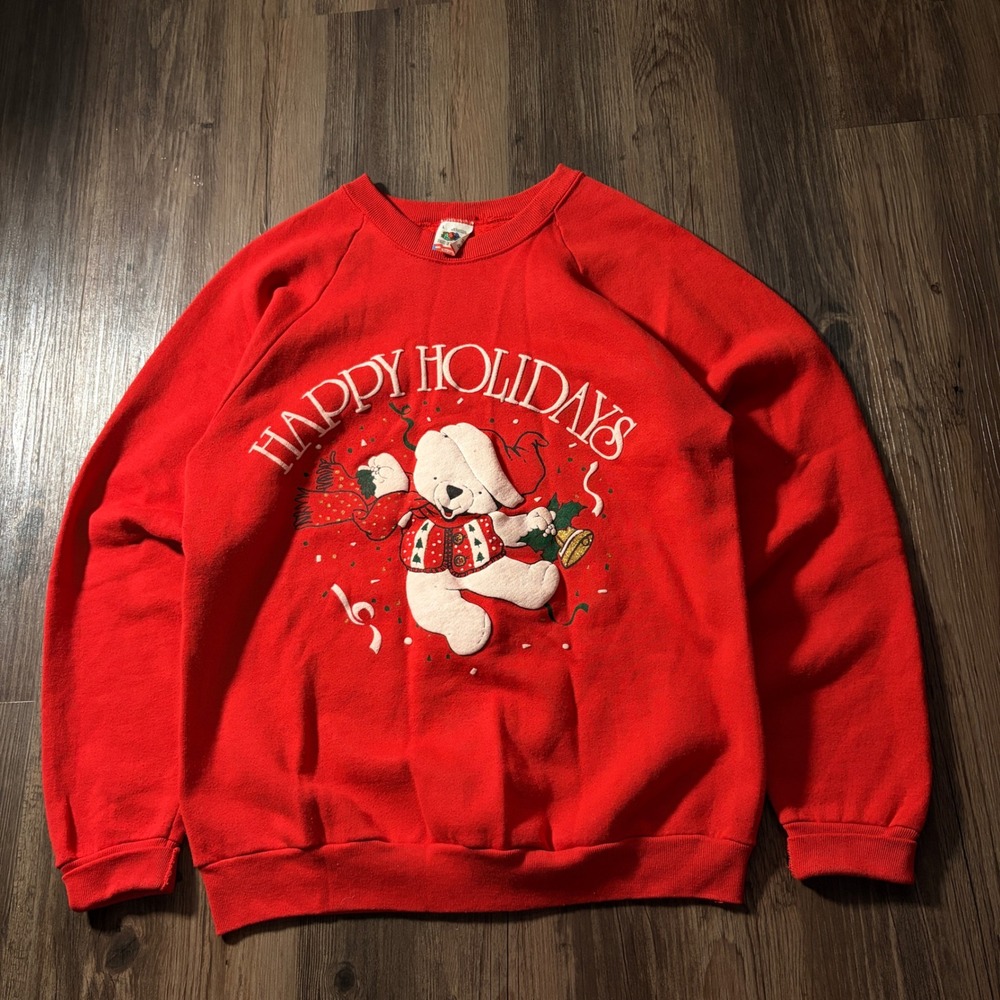 Vintage Fruit of the Loom Happy Holidays Teddy Bear‎ Christmas Sweatshirt Mens L